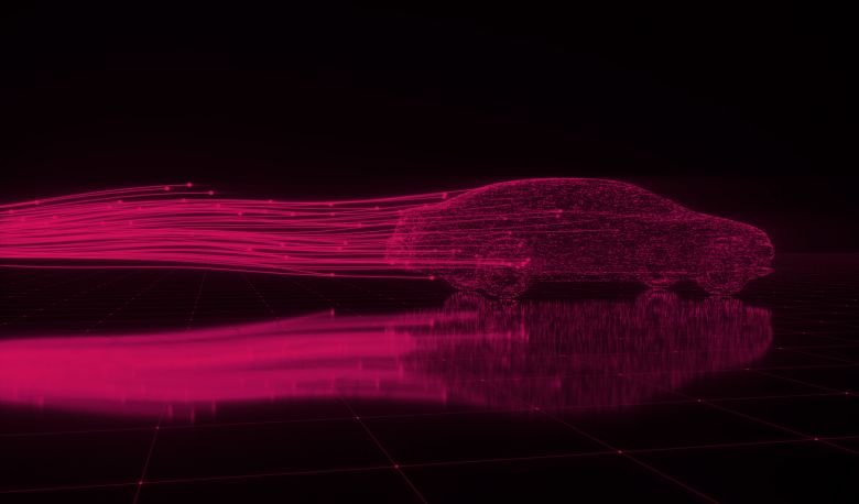 Red 3D illustration of a car on a black background