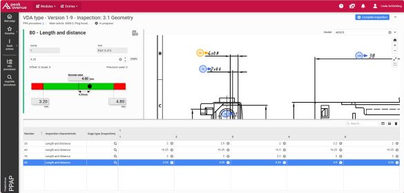 2D drawing of a product with an overview of the inspected characteristics in the PPAP process